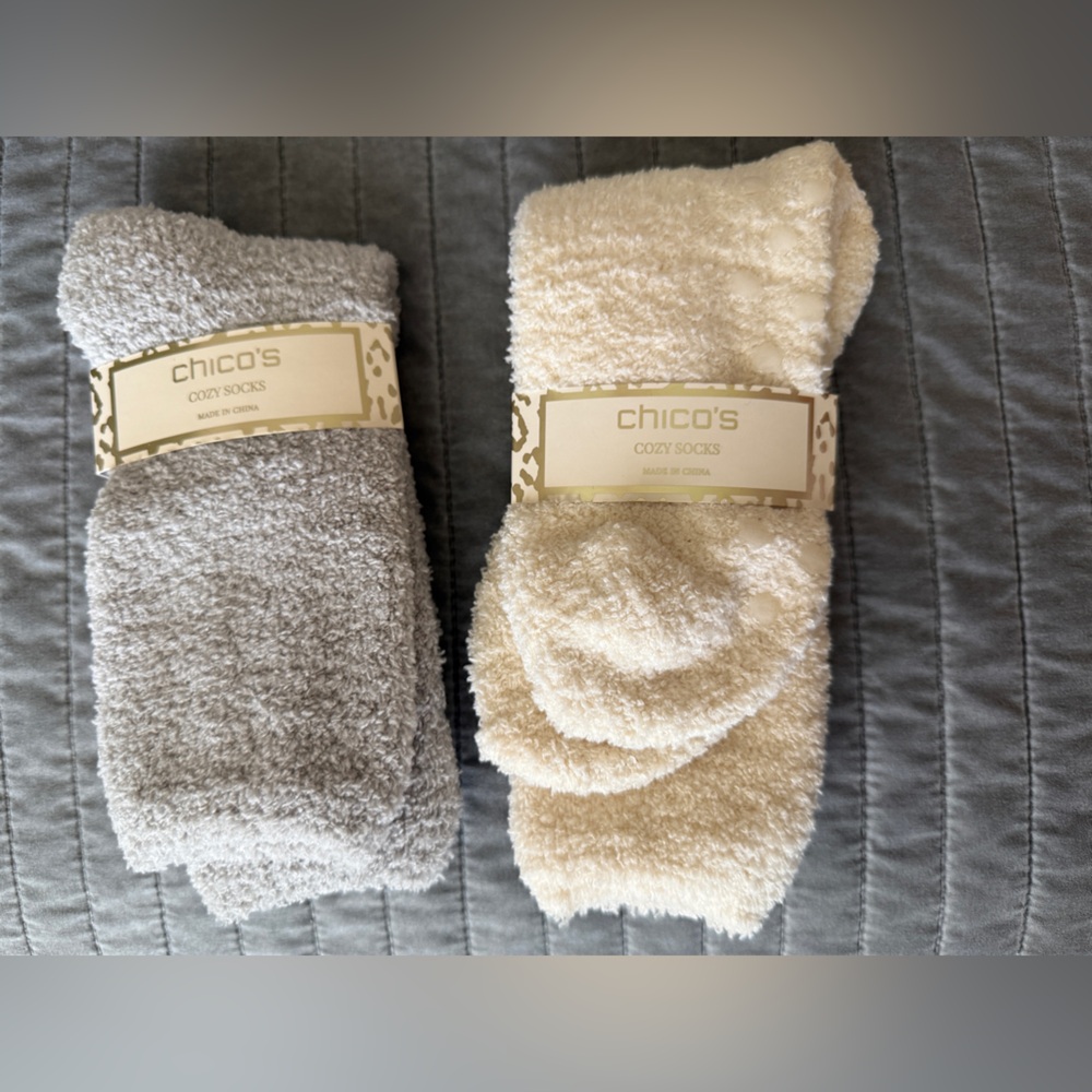 Set of Chico's Soft Knit Socks/Slippers - Gray and Cream